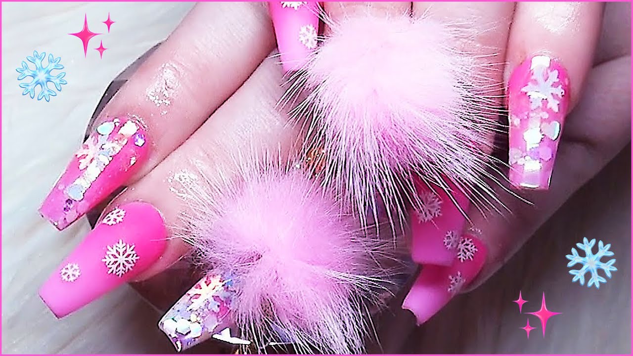 HOW TO Pink Snowflake Acrylic Nails Full Set YouTube
