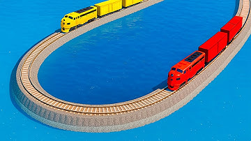 Double Colorful Train Vs U-Turn Impossible Mistake Rail Track Crossing Deepwater in BeamNG.drive