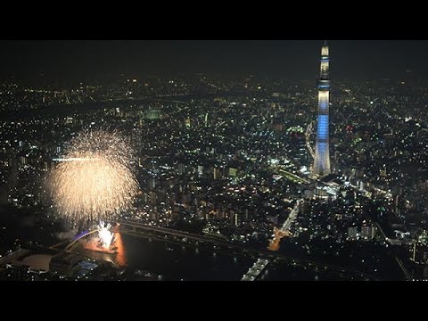 隅田川花火大会 夜空に浮かぶ花火とスカイツリー