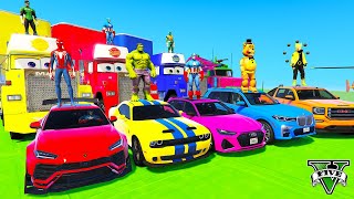 Spiderman Cars Mega Titan Ramp Challenge ! Superhero Goku Hulk Monster Truck Motos Race - Gta V Mods