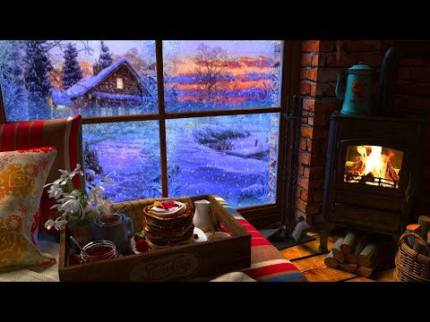 Cozy Winter Sunset near the Fireplace | Relaxing Fireplace Sounds in a Cozy Winter Cabin Ambience