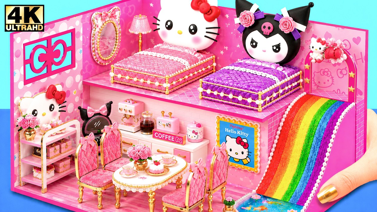Make Hello Kitty House with Kuromi Purple Bedroom & Rainbow Slide