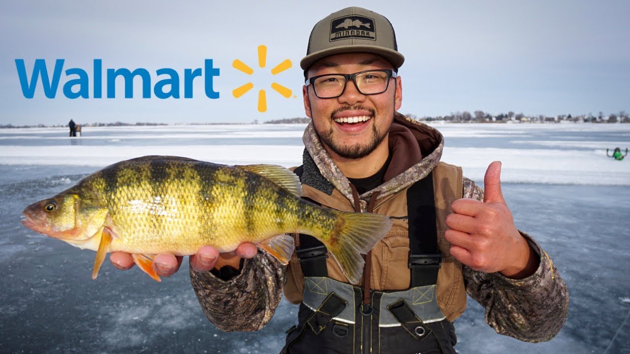 Walmart Lure Ice Fishing Challenge! (PERCH CATCH CLEAN COOK) 