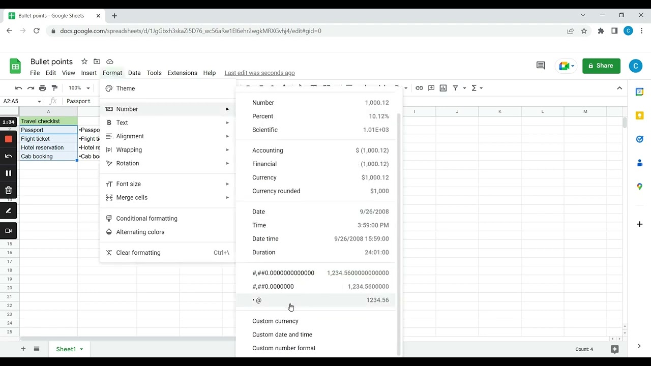 How to make bullet points in Google Sheets