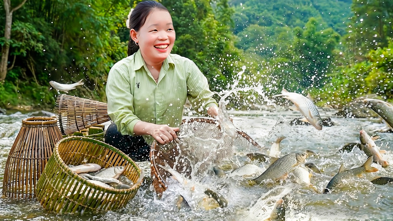 How to Make Fish Trap Using Bamboo Tubes to Harvest & Grill Crispy Fish for Lunch with Huong