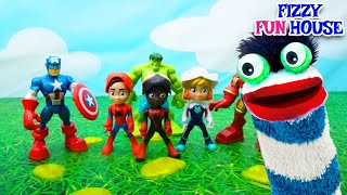 Fizzy Plays with Spidey and Superheroes Slime Bottles | Color Video For Kids