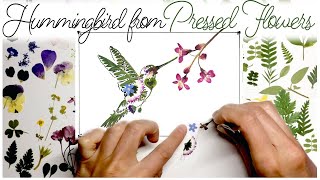Art from pressed flowers 'Hummingbird with A Flower'. Handmade Gift idea with natural objects.