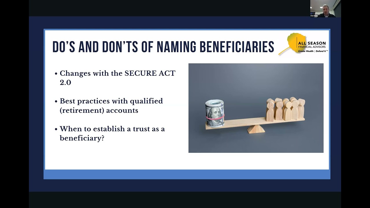 This is the first of a four part webinar series designed to help educate future executors and beneficiaries of estates.  This presentation is offered by Dan Mong, estate attorney covering issues including the proper titling of assets, dos and don't of establishing beneficiaries, how to avoid probate and other estate planning tips. Enjoy