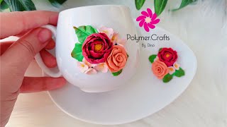 Polymer clay peony and rose flowers on a mug ورد بيوني( فاوانيا) و ورد بلدي بالصلصال الحراري على ماج