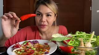 Eating White Rice Noodle Tam Khanom Jeen Traditional Thailand Food