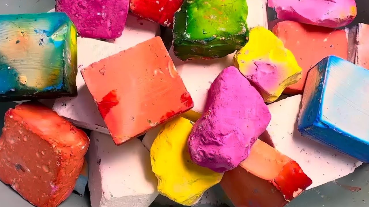 Multi dyed soft powdery jumbo chalk crumbles ASMR 