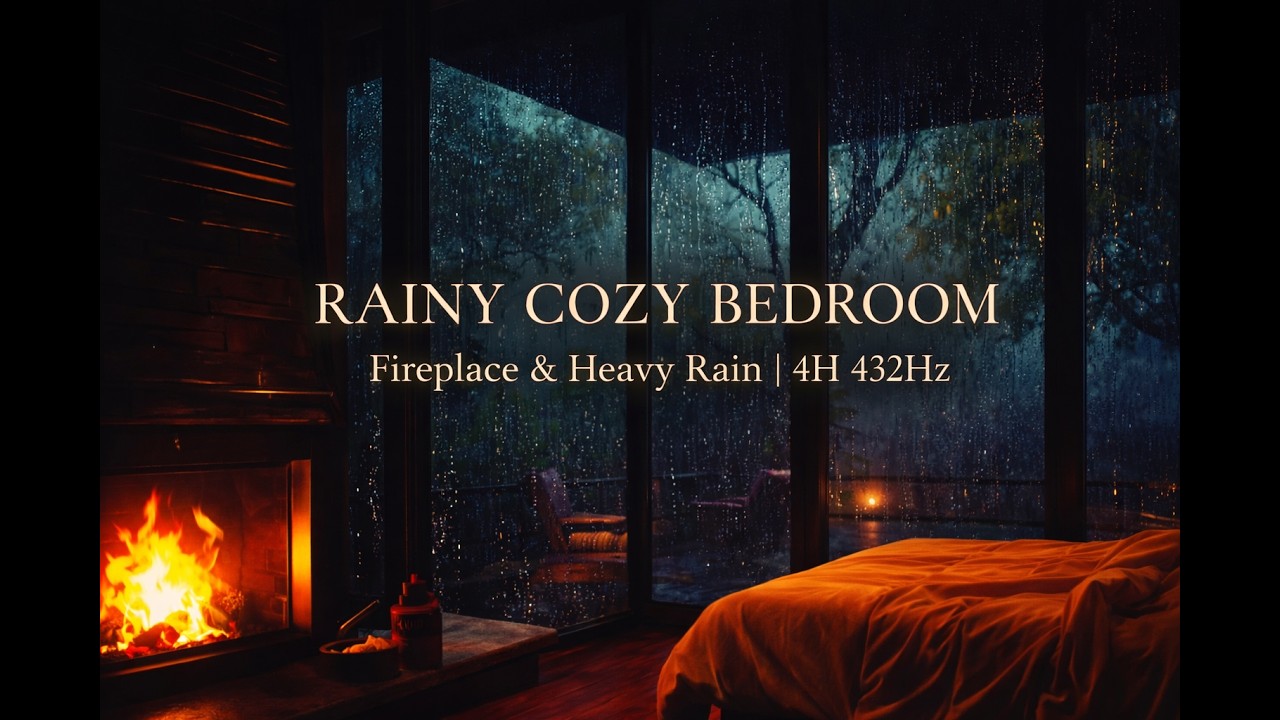 Cozy Rainy Bedroom with Fireplace – Heavy Rain on Window & Crackling Fire (4 Hours 432Hz Sleep )