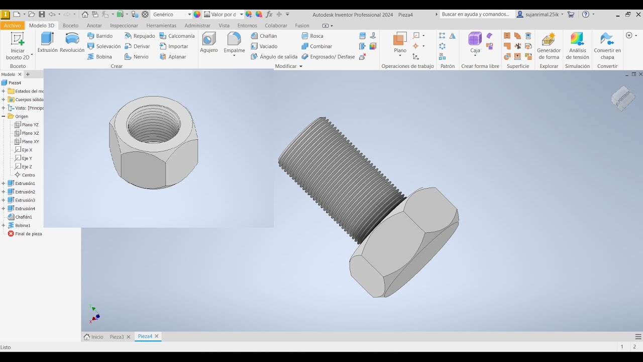 Inventor - 3D creation of nut and bolt using Coil
