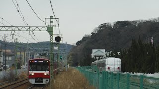 静岡鉄道A3000形A3509+A3510編成が停車中！手動用ポイントの切換前と後！京急線25Dエアポート急行羽田空港行き1580と27Dエアポート急行逗子・葉山行き1661が神武寺駅から発車！