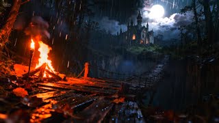 Gothic Moonlit Campfire by a HAUNTED Castle 🔥|  Rain & Storm Sounds for Deep Sleep  ASMR
