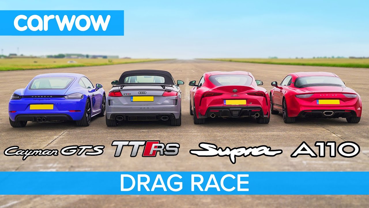 Supra vs Cayman GTS vs TT RS vs Alpine A110 - DRAG RACE, ROLLING RACE & BRAKE TEST