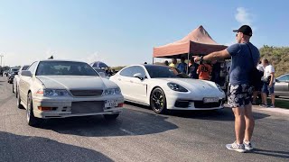 Legend from the 90s Toyota Mark2 1JZ-GTE 4*4 against PORSCHE, Golf R, BMW