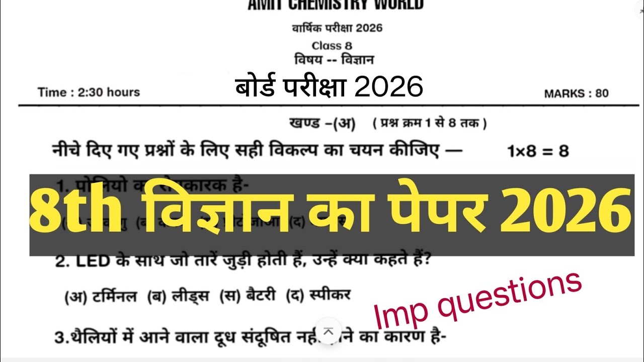 8th class board exam vigyan paper 2026 