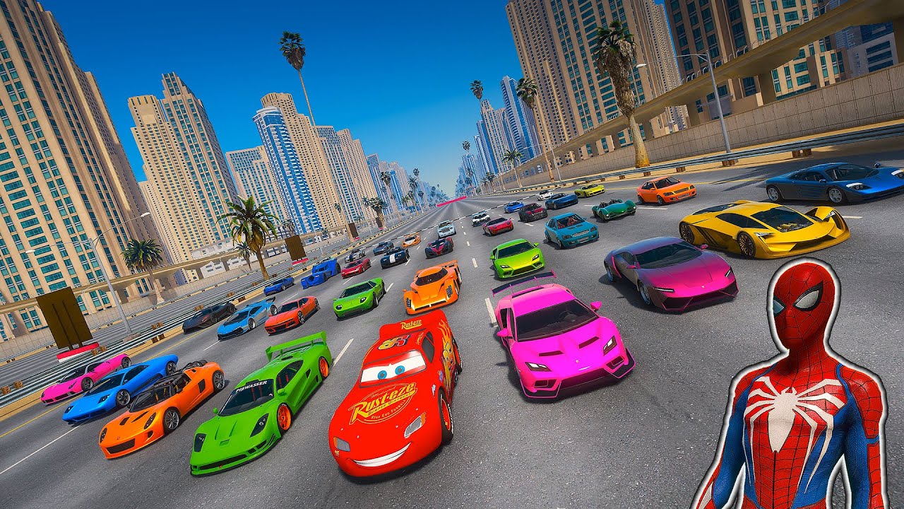 SPIDERMAN CARS Race in Dubai - Pixar Disney Cars Lightning McQueen vs Racing All Cars - GTA 5 - 4K