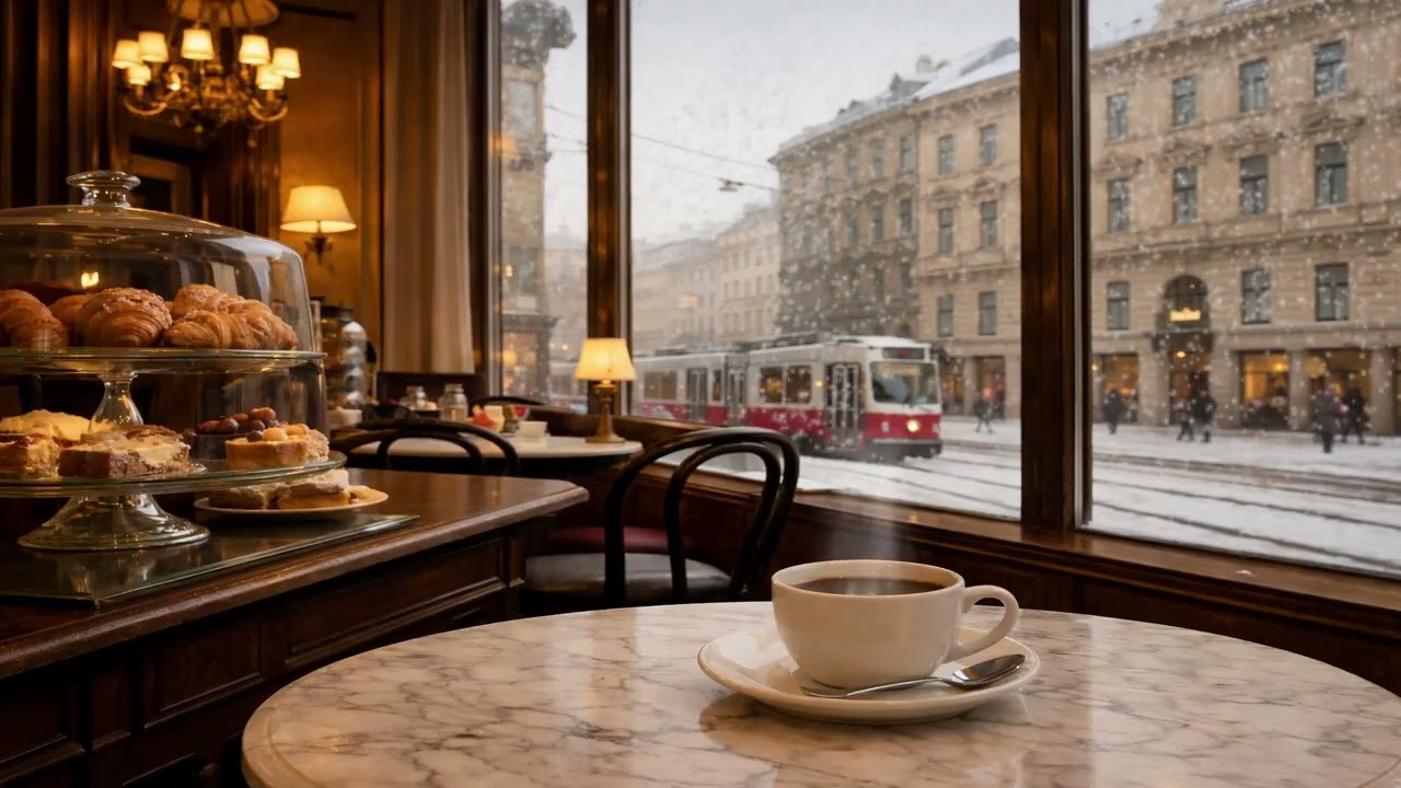 Vienna Café Winter Ambience ☕ Snowfall & Piano Jazz in Cozy Neubau Coffee Shop (4K)