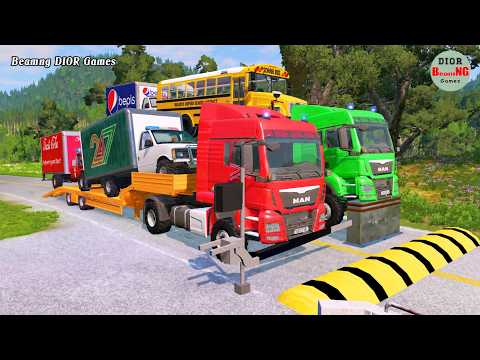 Double Flatbed Trailer Truck vs speed bumps|Busses vs speed bumps|Beamng Drive|1492