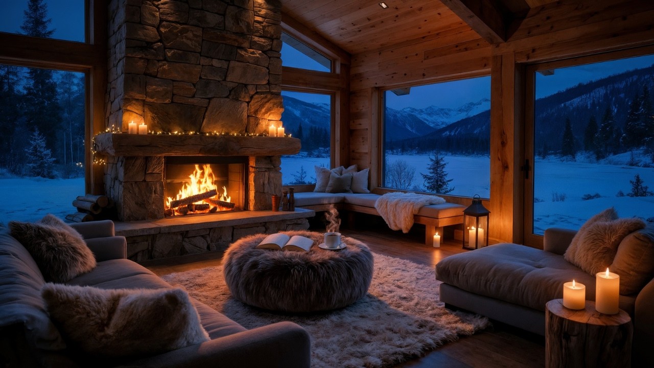 Alone in Forest Cabin Night ❄️ Violin Music & Crackling Fire for Relax & Snowfall Ambience