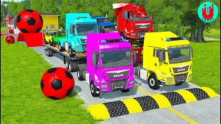 Double Flatbed Trailer Truck vs Speedbumps Train vs Cars | Tractor vs Train Beamng.Drive 83