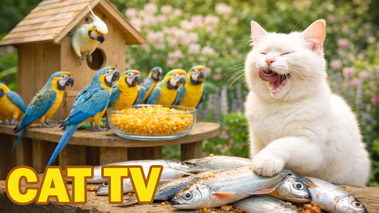 Cat TV & Dog TV 🌸 Relaxing Garden Scene with Cat, Fish & Colorful Birds | Pet Video 4K
