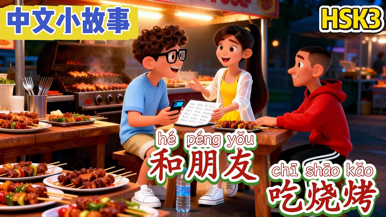 【HSK 3】Day 6 of Slow Chinese:《和朋友一起吃烧烤》- Having barbecue with friends| learn chinese for beginners.