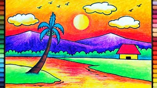 VERY EASY How to Draw Simple Sunset Scenery for Beginners | Drawing Sunset Scenary for Beginners