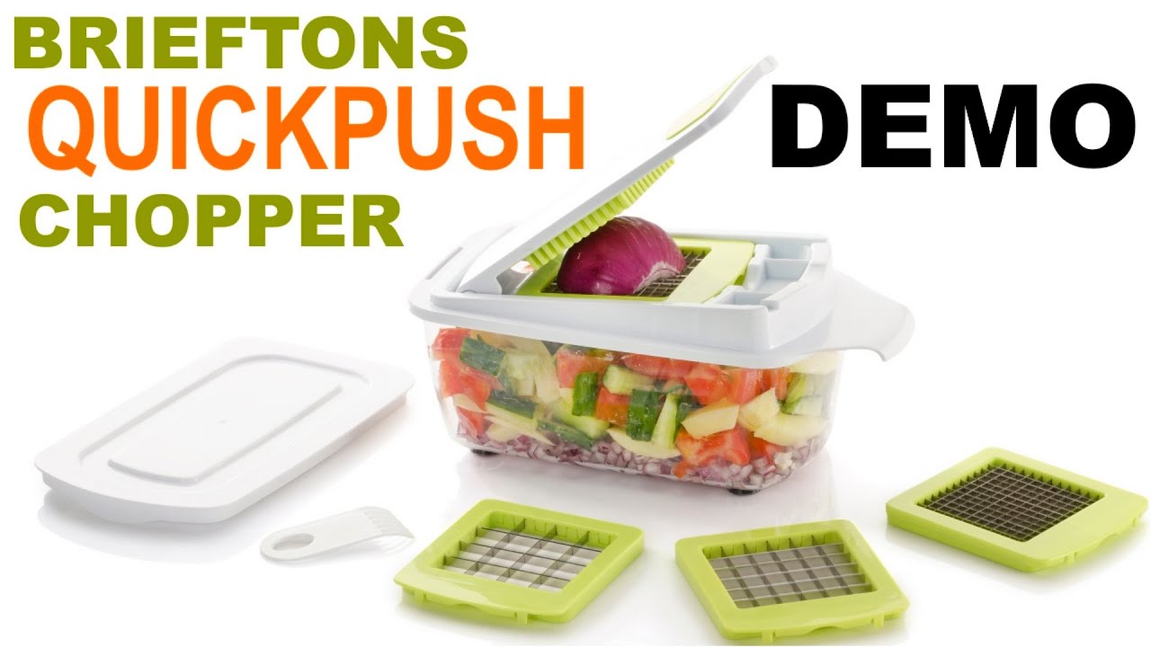  Brieftons QuickPush Food Chopper: Strongest & 200% More  Container Capacity, 30% Heavier Duty, Fruit & Vegetable Chopper, Onion  Chopper Vegetable Cutter, with 3 Dicer Blades & Keep-Fresh Lid, 5 Ebooks:  Home
