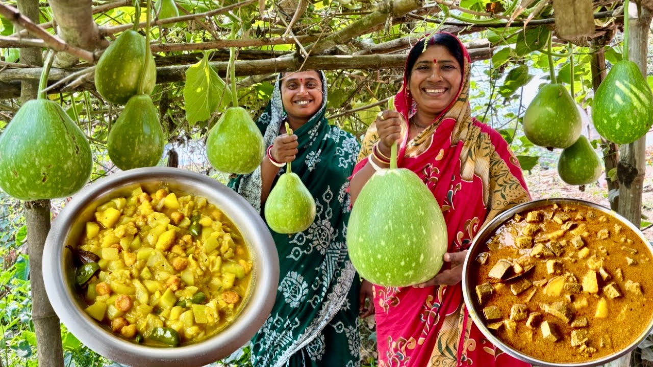 নিরামিষ এঁচোড় এবং বাড়ির গাছের লাউ দিয়ে ডালের বড়ির সুস্বাদু দুটি পদ রান্না।