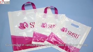 Custom Printed Logo Design Tote Punching Carry Handle Fashion Gift Plastic Bag For Shopping Clothing