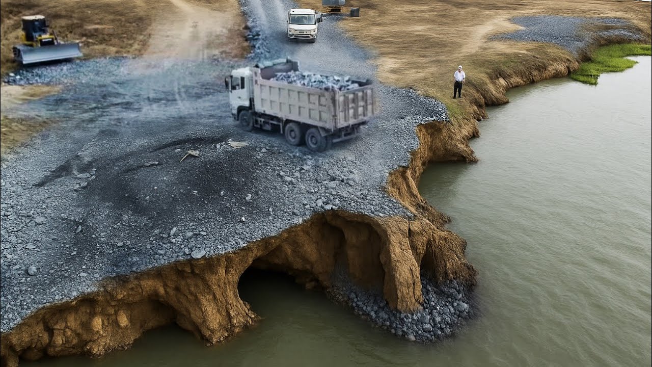 25T Dump Trucks And Bulldozer Filling A Sink Land On The Big Lake