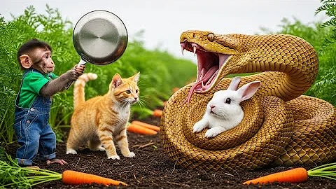 Baby Monkey and Fat Orange Cat Save White Rabbit 🐵🐱🐇 from Giant Snake Attack in Carrot Garden