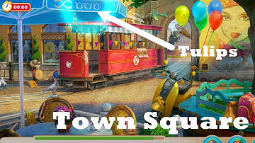 Manor Matters hidden objects #73 Town square - failed in tulips | envelope, handbag, bottle, tube