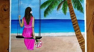 Girl On Swing Acrylic SeaBeach Painting/ A Girl on the Beach Painting/Ocean Acrylic Painting