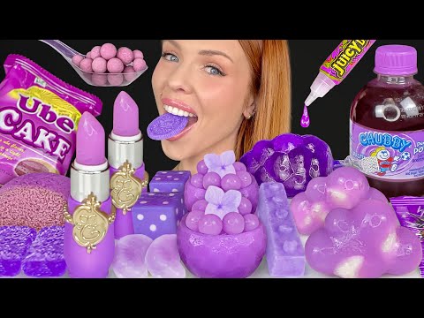 ASMR MUKBANG Purple Desserts Ube Cake Chubby Grape Soda Edible Dice Jelly Tube Kohakutou 먹방