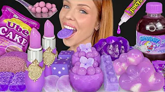 ASMR MUKBANG, Purple Desserts, Ube Cake, Chubby Grape Soda, Edible Dice, Jelly Tube, Kohakutou 먹방 thumbnail