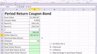 excel finance class 91 period holding nominal real dollar returns for coupon bond