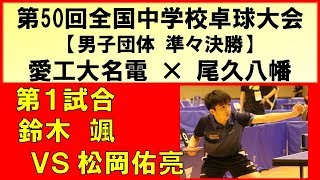 卓球 全中団体 2019 鈴木颯(愛工大名電)vs松岡佑亮(尾久八幡) 準々決勝 第１試合 第50回全国中学校卓球大会