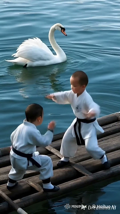 Dua anak kecil belajar bela diri kungfu diatas rakit di danau, sangat seru