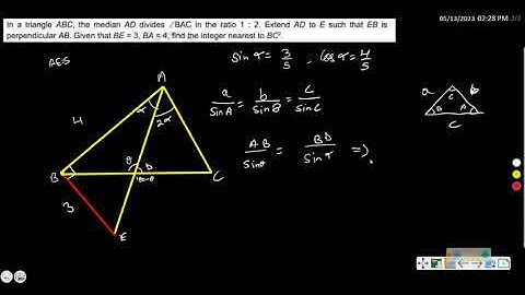 In a triangle ABC , the median AD divides ∠BAC in the ratio 1 : 2 . Extend AD| ANIRUDH MAHESHWARI