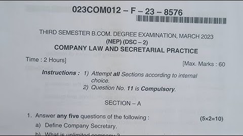 Company Law And Secretarial Practice B.com 3rd Semester NEP Question Paper 2023 Dharwad University