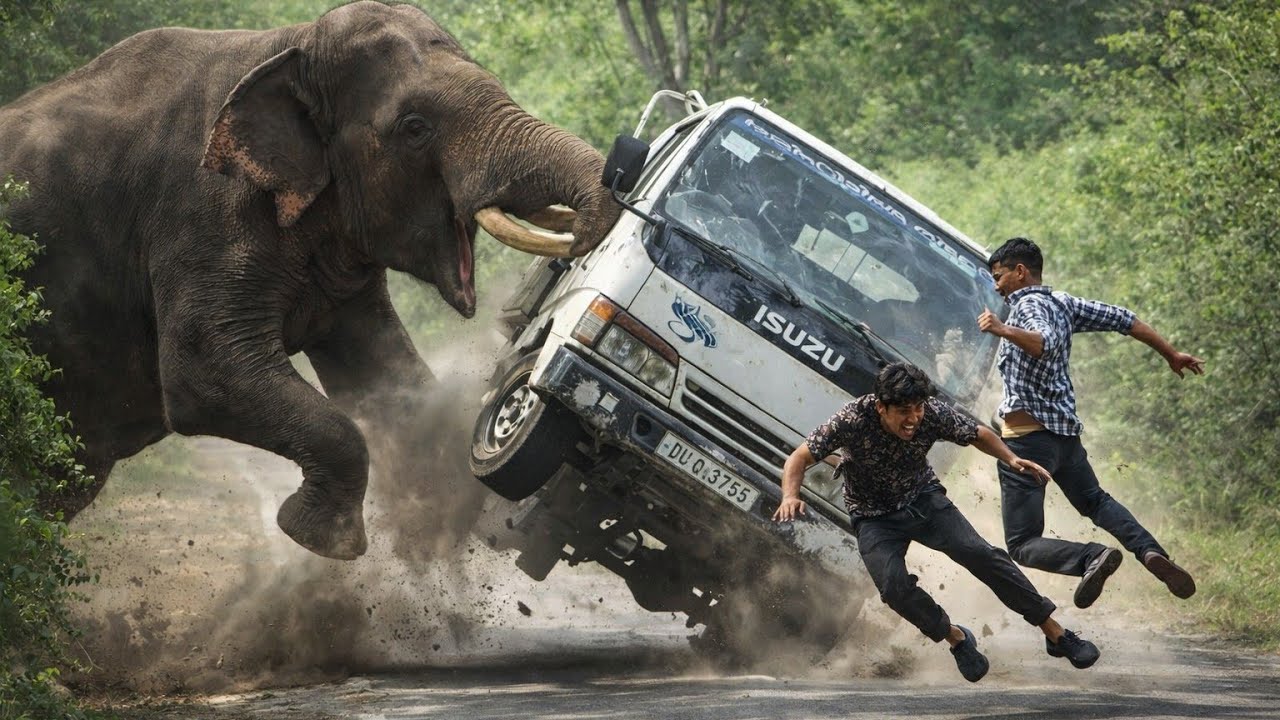 Angry Wild Elephant Attacks Truck – People Jump for Their Lives! 😱🐘
