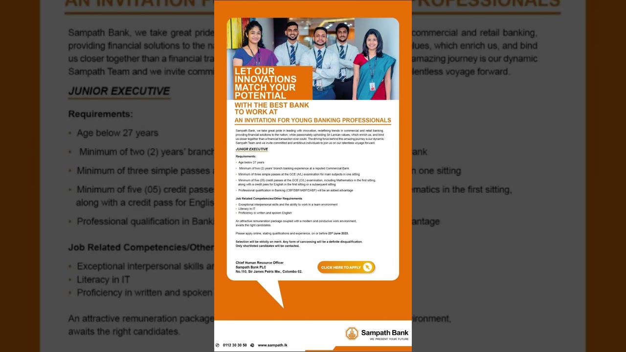 Junior Executive Job Vacancies – Sampath Bank 2023 