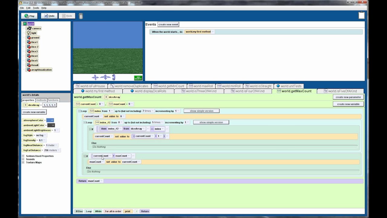 Alice 2.2 Tutorial: dice poker game - YouTube