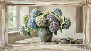 Blue Hydrangeas Still Life | Framed Vintage Oil Painting TV Art Background | 2 Hour Screensaver
