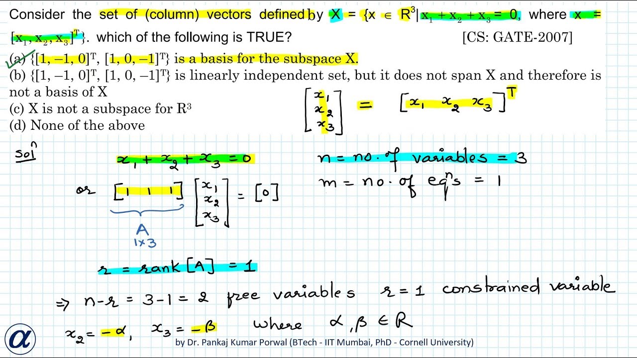 Consider The Set Of Column Vectors Defined By X Cs Gate 07 Youtube