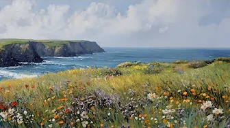Coastal Wildflower Meadow Art, Peaceful Ocean Cliffside Landscape, Samsung Frame TV Art Screensaver